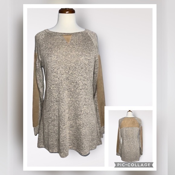 Soft Surroundings Heathered Tan & Faux Suede Long Sleeve Round Neck Soft Tunic S - Picture 1 of 13